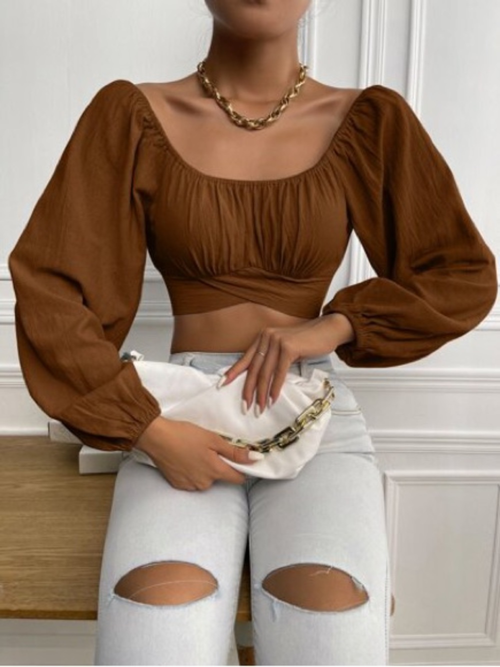 SHEIN Brown Peasant Crop Top with Balloon Sleeves and Twist Tie Waist